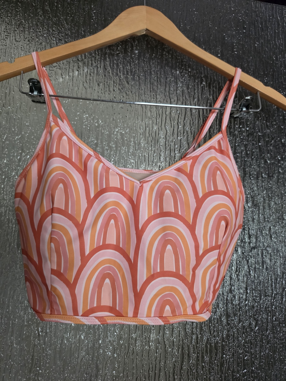 Kortni Jeane V Neck Spaghetti Strap Crop Top - Coral Pink Rainbow Print
